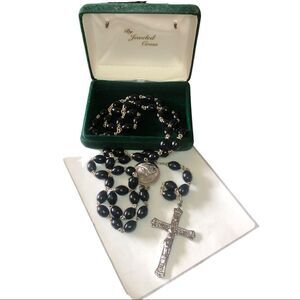 Vintage Jeweled Cross Silver‎ Tone Black Beaded Crucifix Cross Rosary /box